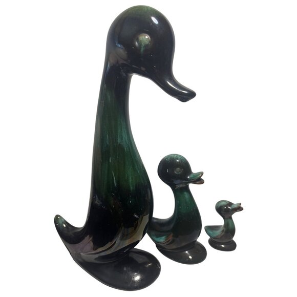 Blue Mountain Pottery Duck Family Set of 3 Green Drip Glaze MCM Vtg Canada - Picture 1 of 14